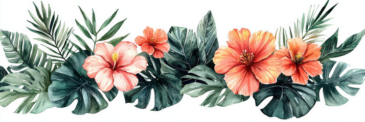 Watercolor illustration of tropical flowers and leaves. Lush greens and vibrant coral hues create a beautiful border.