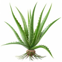 Fototapeta premium Aloe vera plant with roots, botanical element, detailed illustration, natural green, isolated on white background