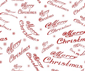 Festival seamless pattern greeting phrase Merry Christmas different size shape. Red congratulatory text repeating isolated on white background drawn hand