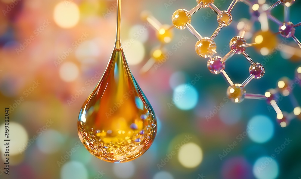 Poster a single drop of liquid hanging over an abstract molecular structure