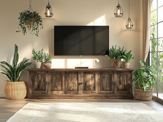 Rustic Living Room with Wooden Cabinet Plants and a Modern TV Captured from a Low Angle with Warm Lighting