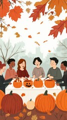 Pumpkin Carving Contest with Friends Laughing and Creating Unique Designs Under Dim Lights