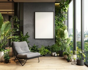 Urban Oasis A Grey Chair by a Window with a Blank Canvas Surrounded by Lush Greenery and City Skyline