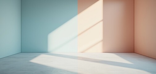 Fototapeta premium Minimalist Corner Room with Light Shadow Play Blue Peach White Walls Floor Sunlight Streaks