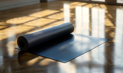 Rolled Yoga Mat on a Hardwood Floor with Sunlight Streaming Through Windows