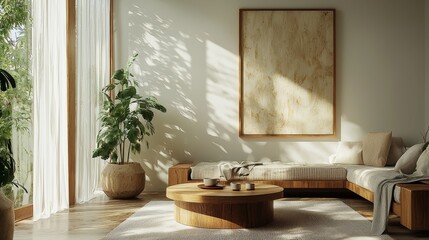 Sunlight Bathes Minimalist Living Room with Wooden Accents and Textured Artwork