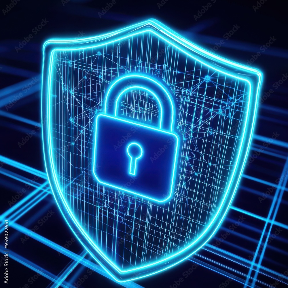 Poster a futuristic shield with a padlock symbol, representing digital security and cybersecurity concepts 