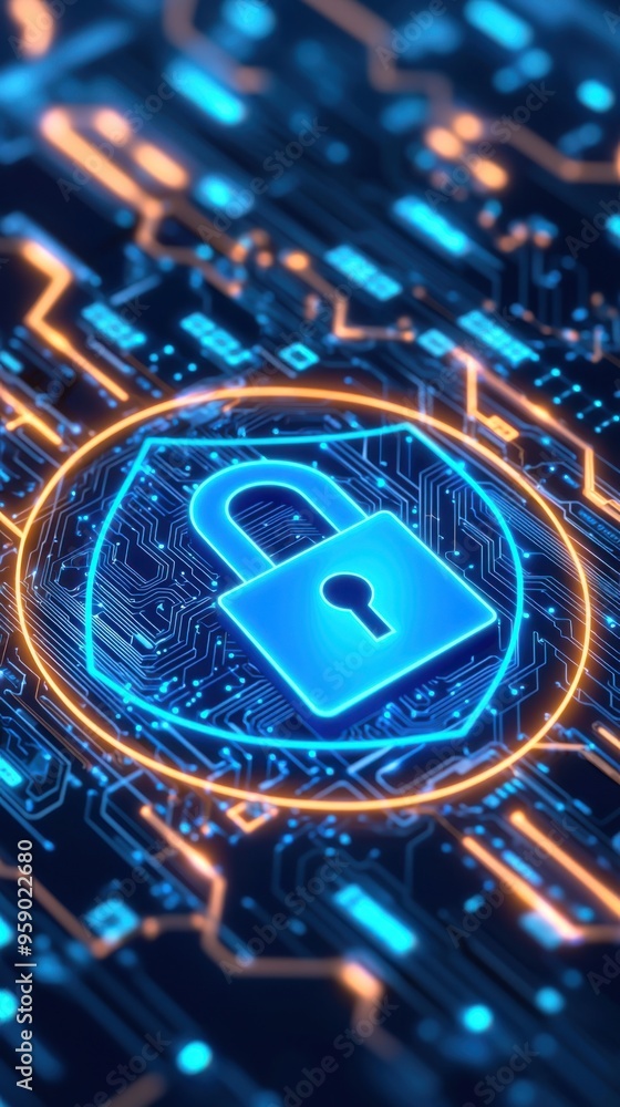 Aufkleber a futuristic digital lock symbol against a vibrant circuit board background representing cybersecuri