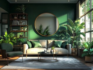Golden Hour Greenery A Low Perspective View of a Lush Living Room with a Large Window and a Round Mirror Reflecting a Verdant Scene