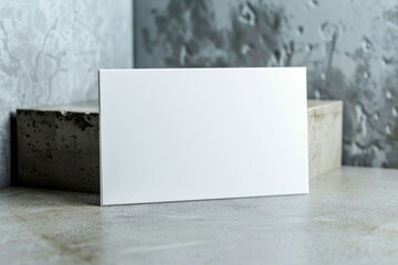 Mockup. Empty blank white paper card gray marble background. Top view