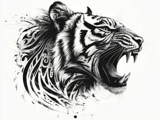 Obraz premium Black and White Tiger with Abstract Tribal Design Close Up Side Profile Ferocious Expression Ink Splashes Tribal