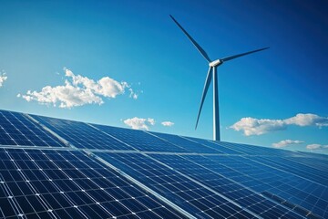 A modern wind turbine stands tall beside solar panels under a clear blue sky, symbolizing renewable energy and sustainability.