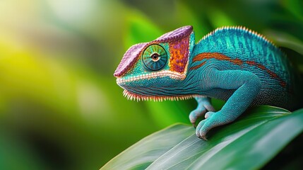 Fototapeta premium A vibrant chameleon perched on a leaf, showcasing its colorful skin in a natural setting.