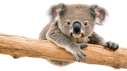 Fototapeta premium A koala bear clings to a eucalyptus branch, showcasing its distinctive features in a tranquil and isolated atmosphere