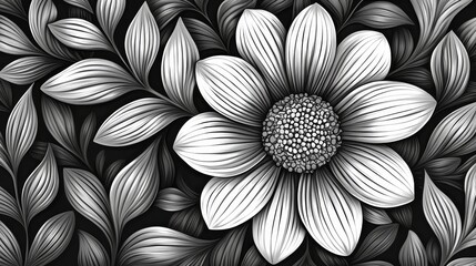 Black and White Floral Abstract A Central Flower with Layered Petals and Contrasting Leaves Tribal