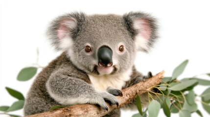 Naklejka premium A koala bear clings to a eucalyptus branch, showcasing its distinctive features in a tranquil and isolated atmosphere