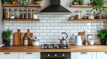 Minimalist Kitchen with White Subway Tile Wooden Shelves and a Kettle on the Stovetop