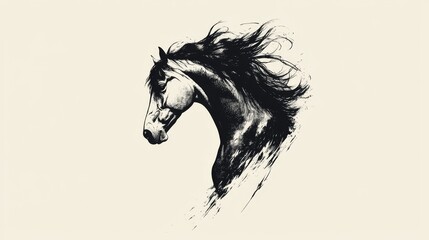 Black White Horse Portrait A Striking Profile with Flowing Mane against a Simple Background Tribal