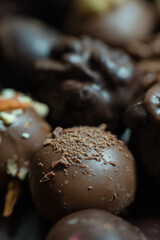 Close-up of some chocolate truffles covered with nuts