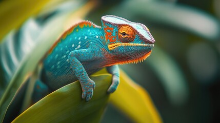Fototapeta premium A vibrant chameleon perched on a leaf, showcasing its colorful scales in a lush environment.