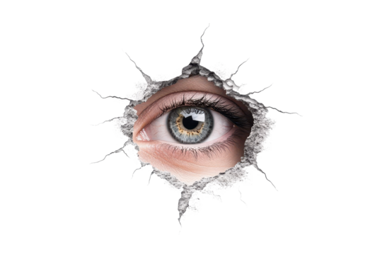 A close-up of an eye penetrating through a cracked surface, symbolizing vision, insight, and breaking barriers creatively.