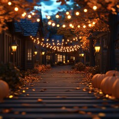 A quaint village street adorned with fairy lights and pumpkins, bathed in the warm glow of autumn.
