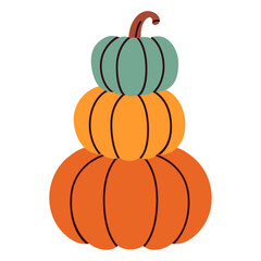 Illustration of a stack of three pumpkins in different colors: an orange, yellow, and a teal-green pumpkin on top. Thanksgiving Day. Perfect for autumn, harvest, and Halloween-themed projects.