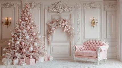 Pink Christmas Tree in Ornate Room A festive whiteonwhite composition with a pink Christmas tree ornate details and a vintage armchair