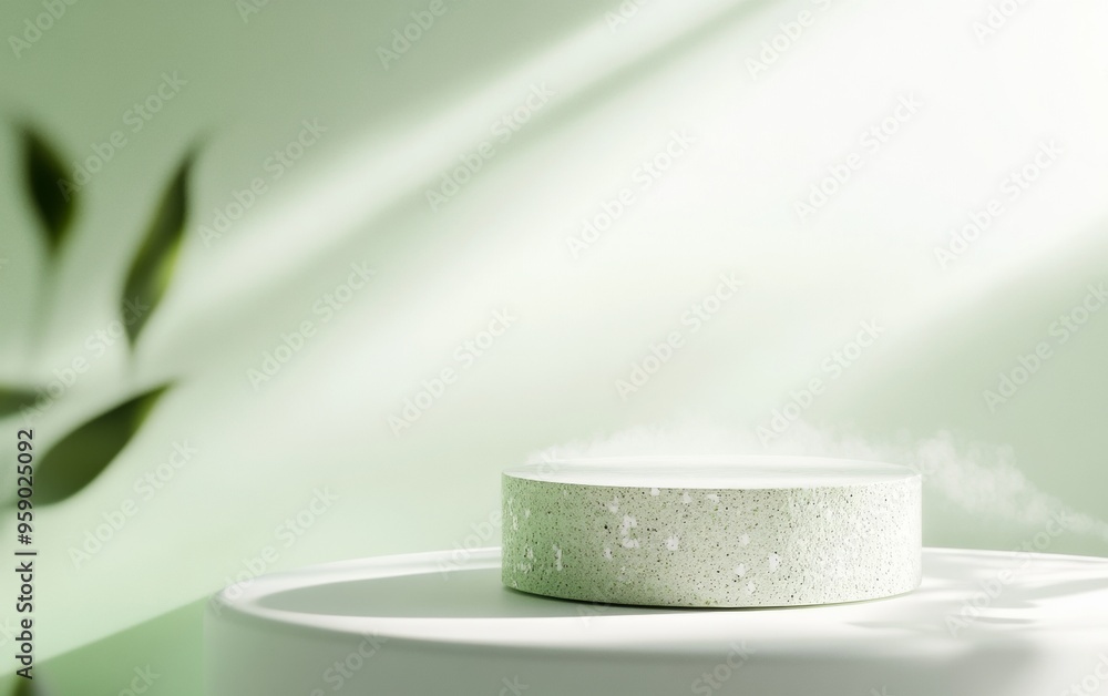 Poster minimalist mockup of textured green plastic podium on white background with soft mist and gradient l