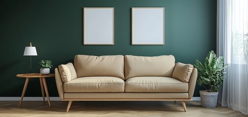 Cozy Living Room with Tan Sofa Green Wall and Empty Frames Perspective Eye Level Composition Balanced Details Wood Floor Plant Lamp Concept Minimalist Design