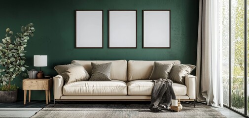 Minimalist Living Room with Green Wall White Sofa and Framed Artwork
