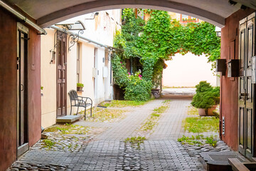 Charming courtyard in Uzupis, Vilnius old town. Baltic, trend destination , sightseeing. Lithuania. Copy space