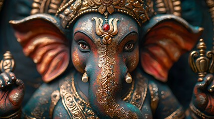 Close Up of Lord Ganesha Statue with Gold Decoration