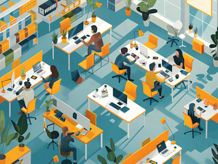 Fototapeta premium office workspace with diverse employees, collaborative environment, open-plan design, team productivity, business operations, professional atmosphere, desk setup, corporate culture illustration 