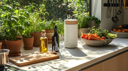 Sundrenched Kitchen Counter with White Cylinder Herbs and Carrots A Minimalist Perspective