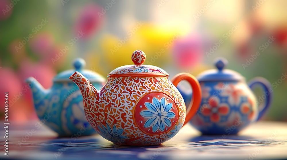 Poster whimsical 3d render of miniature origami ceramic teapots with intricate patterns and vivid colors on