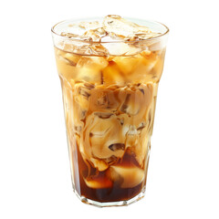 Refreshing iced coffee beverage with ice cubes served in a glass with straw isolated on white transparent background, perfect for summer.