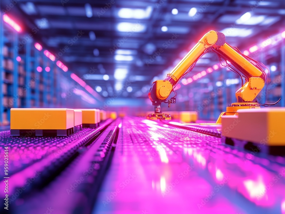 Aufkleber a robotic arm operates on an automated assembly line in a futuristic warehouse.