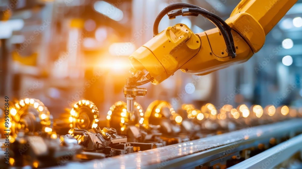Poster a robotic arm working on an assembly line, assembling light bulbs in a factory setting.