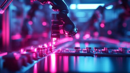 A robotic arm working on an assembly line in a futuristic factory. The arm is illuminated by pink and blue lights.