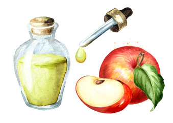 Apple essential oil set.  Hand drawn watercolor illustration, isolated on white background