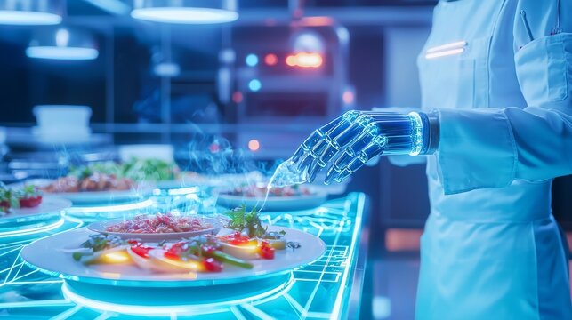 A robotic hand, part of a chef's arm, prepares a plate of food in a modern kitchen.  The robotic hand is transparent, showing the mechanical parts within.