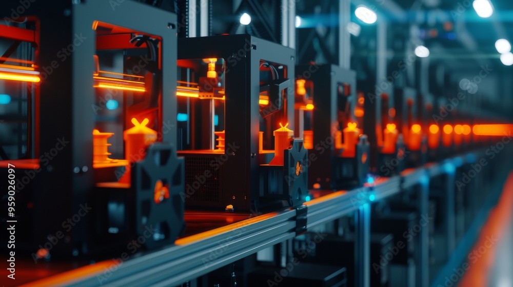 Poster a row of 3d printers in an automated factory setting. the printers are working, with red lights glow