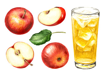 Glass of ice tea and red apples set. Hand drawn watercolor illustration isolated on white background