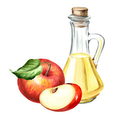 Jug of fresh apple cider vinegar  in glass decanter bottle. Hand drawn watercolor illustration, isolated on white background