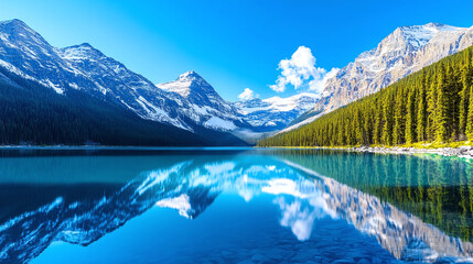 a pristine Canadian wilderness lake reflecting snow-capped mountains