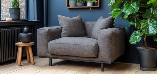 LowAngle View of a Textured Armchair with Black Legs and a Wooden Side Table in a Room with Plants