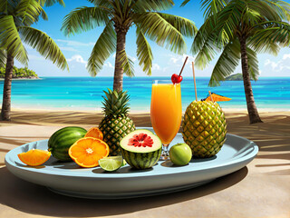 Obraz premium Tropical fruit cocktails are served on a beachside table with ocean views. Palm trees create a relaxing summer atmosphere by the sea.
