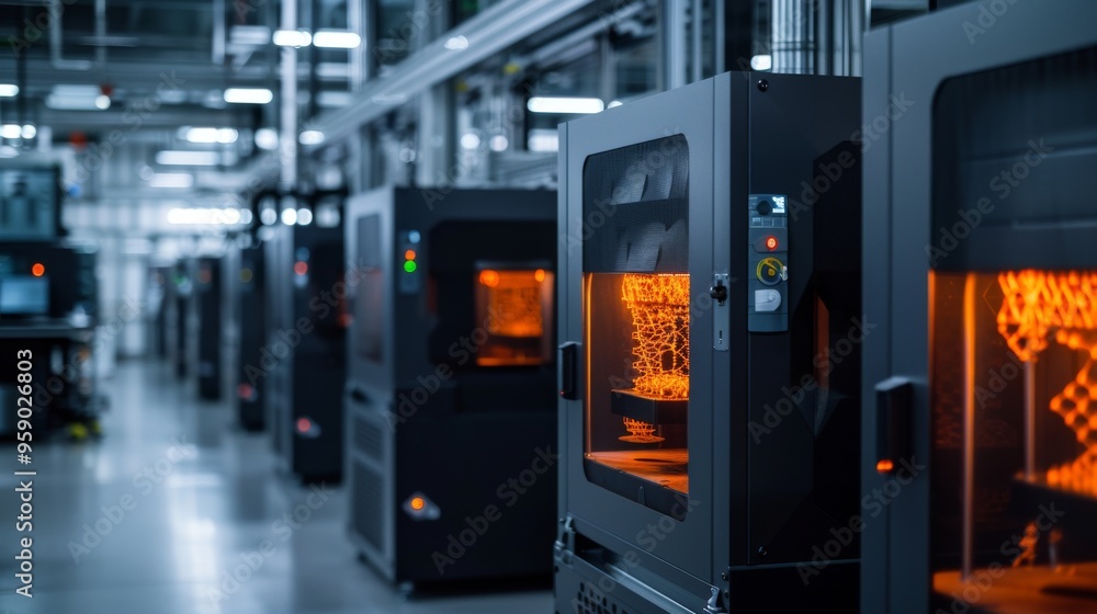 Aufkleber a row of industrial 3d printers in a factory setting. the printers are printing objects in a variety