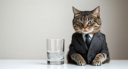 Confident cat in business suit Sitting on the table next to a glass of water, working expression determined.